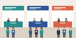 Illustration: job seekers visiting three employer booths at a community job fair